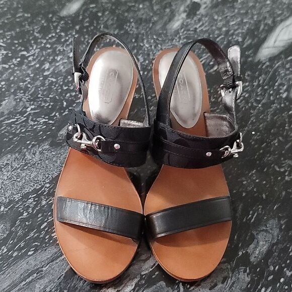 COACH PAM SIG C LOGO LEATHER WEDGE HEELS SANDALS - Picture 2 of 16